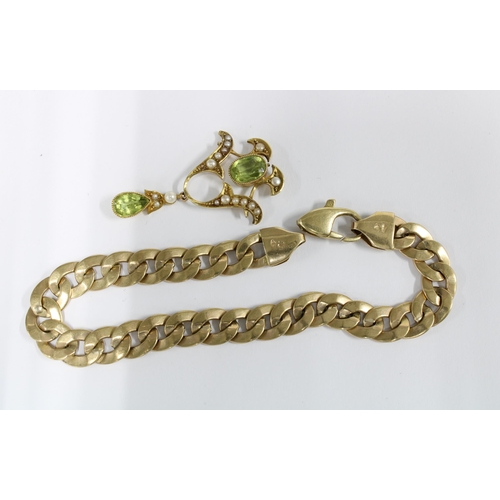 2 - Gold curb link bracelet, stamped 9k Italy, together with a 15ct gold peridot and seed pearl pendant ... 