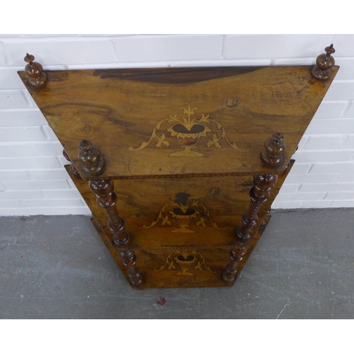 202 - Rosewood three tier whatnot, the shelves inlaid with a classical urn pattern, with turned supports, ... 