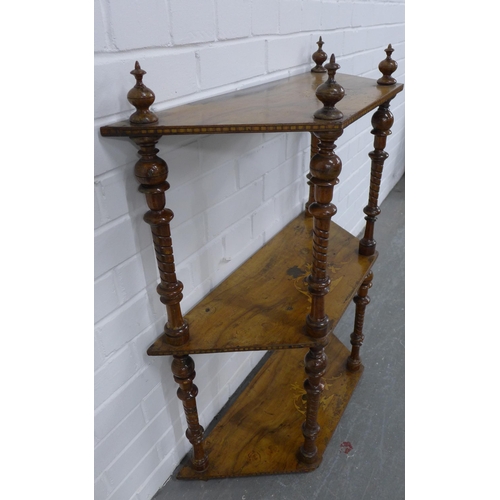 202 - Rosewood three tier whatnot, the shelves inlaid with a classical urn pattern, with turned supports, ... 