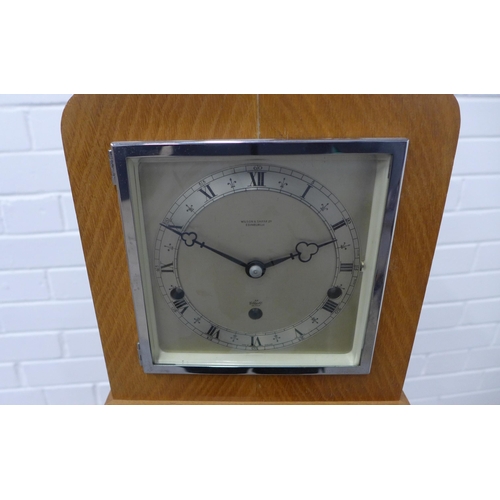 221 - Art Deco light oak Grandmother clock, retailed by Wilson & Sharp of Edinburgh, 147 x 23cm