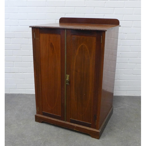 240 - Edwardian mahogany and inlaid cupboard with two doors and shelved interior, 103 x 69 x 55cm