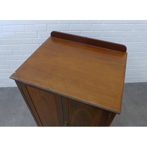 240 - Edwardian mahogany and inlaid cupboard with two doors and shelved interior, 103 x 69 x 55cm