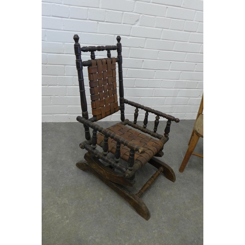 243 - Child's American style rocking chair with leather slatted back and seat, together with a pair of chi... 