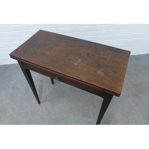 254 - 19th century mahogany fold over table, with a single drawer, raised on tapering legs, 76 x 74 x 37cm