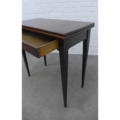 254 - 19th century mahogany fold over table, with a single drawer, raised on tapering legs, 76 x 74 x 37cm