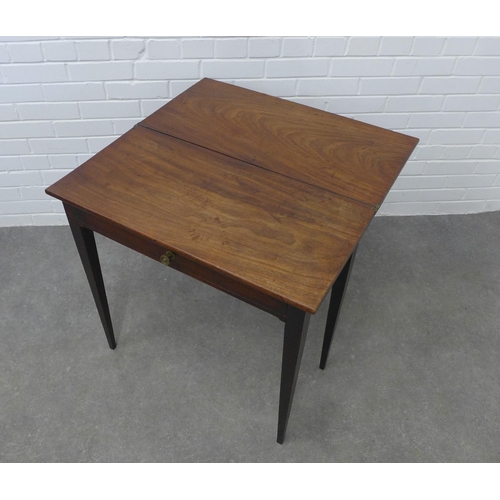 254 - 19th century mahogany fold over table, with a single drawer, raised on tapering legs, 76 x 74 x 37cm