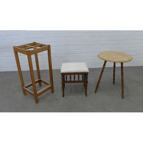 267 - Early 20th century oak stick / umbrella stand, footstool and cricket table (3)