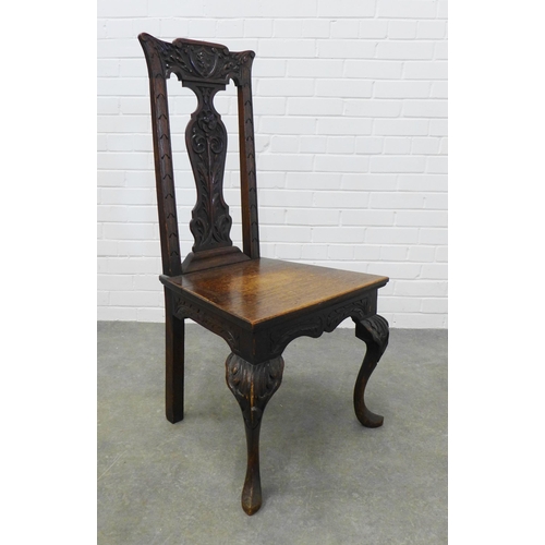 268 - Dark oak side chair with carved vasiform splat, solid seat and cabriole legs 108 x 52 x 44cm