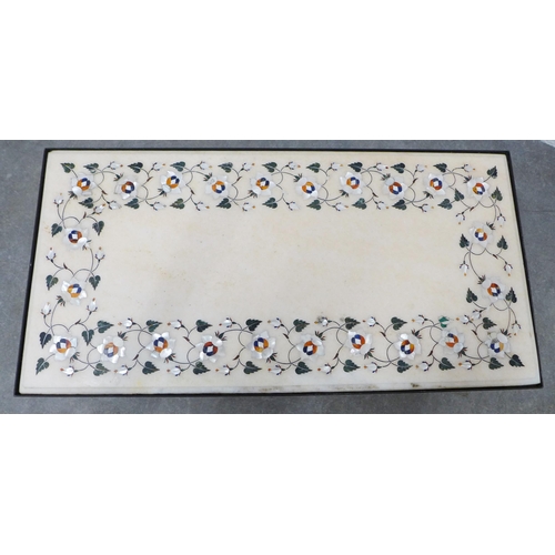 281 - Indian coffee table with Agra white stone top inlaid with small blue flowers on a black metal base, ... 