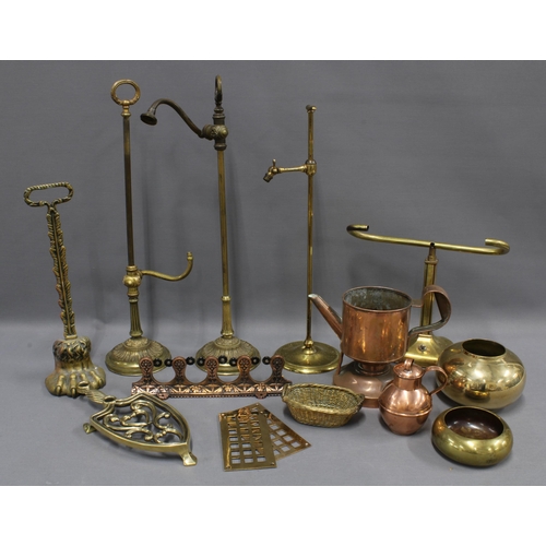 289 - Brass and copper wares to include bed pans, students lamp and a snooker cue rack, etc (a lot)