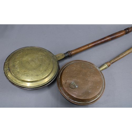 289 - Brass and copper wares to include bed pans, students lamp and a snooker cue rack, etc (a lot)