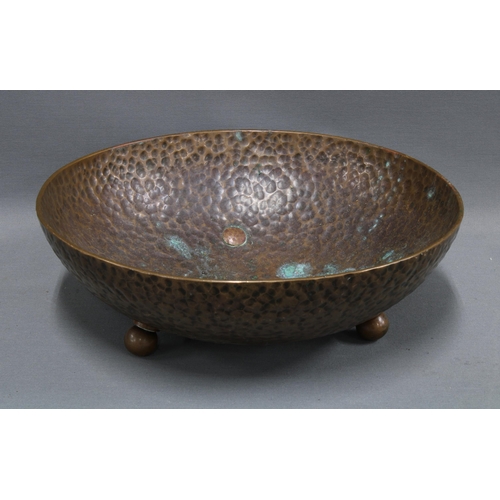 290 - Arts & Crafts copper bowl with hand beaten finish, brass and steel goffering iron and a brass framed... 