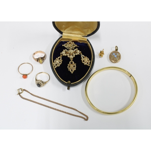 3 - 9ct gold gemset dress ring and a collection of yellow metal jewellery to include a stiff bangle, cor... 