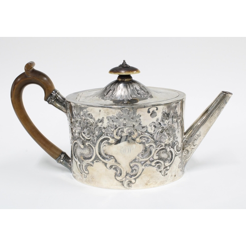 30 - George III silver teapot,  Charles Chesterman II, London 1794, with chased repoussé pattern and cart... 