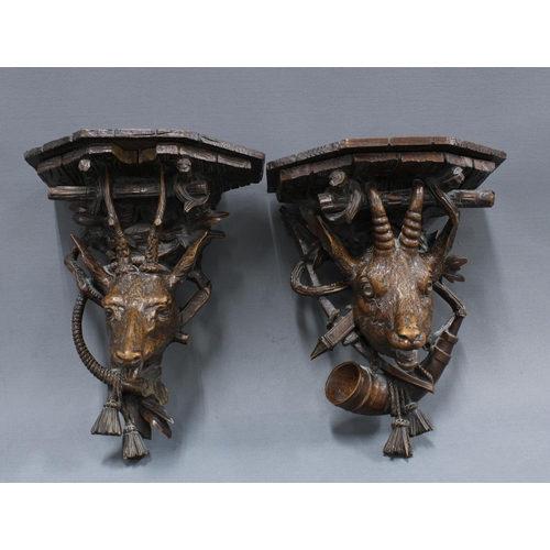 302 - Pair of finely carved Black Forest deer head wall bracket / shelves (2) (a/f)