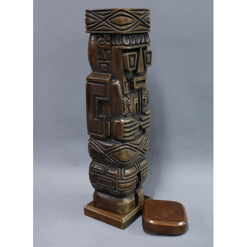 306 - Carved wooden totem style figure with detachable top, a wooden shovel and two Eastern carved wood fi... 