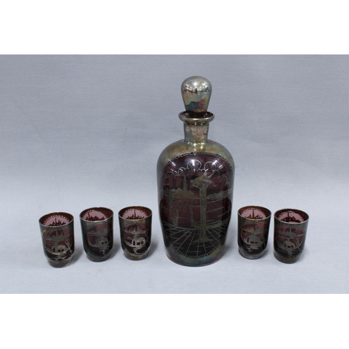 307 - Red glass decanter and glasses with silver overlay pattern (6)