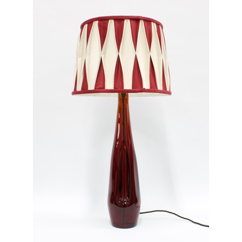 322 - Sevres red art glass table lamp base, mid 20th century, etched mark, 42cm excluding fitting