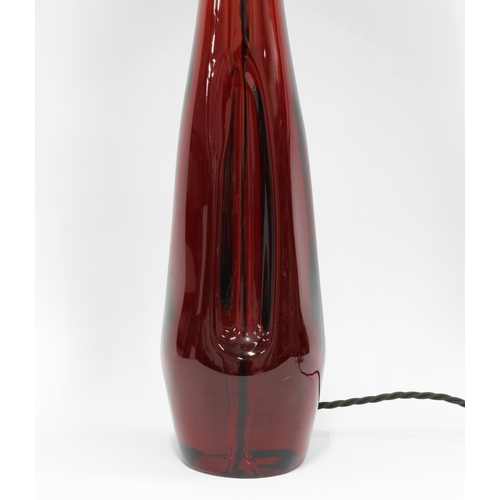 322 - Sevres red art glass table lamp base, mid 20th century, etched mark, 42cm excluding fitting