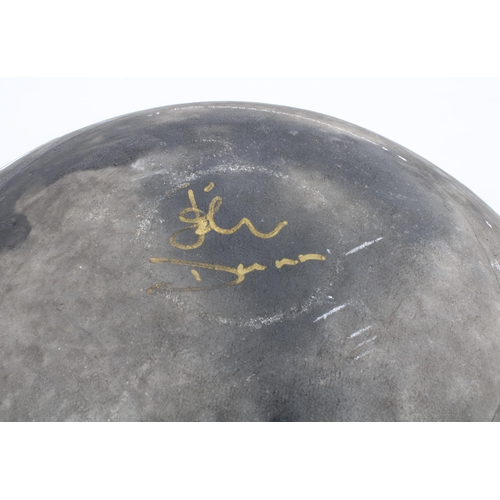 326 - John Dunn, a large studio pottery bowl with yellow and grey craquelure pattern, signed to base, 45cm