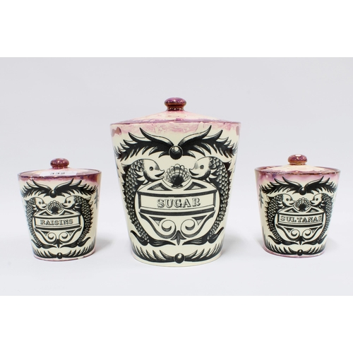 332 - Rare Gray's Pottery set of three pink lustre storage jars with black and white dolphin pattern,  one... 