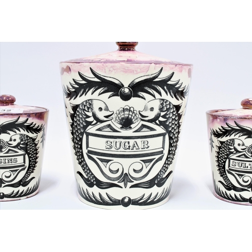 332 - Rare Gray's Pottery set of three pink lustre storage jars with black and white dolphin pattern,  one... 