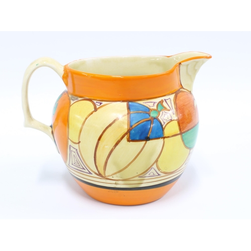 333 - Clarice Cliff Melon pattern jug, hand painted in yellow, green, orange and blue, between orange an b... 