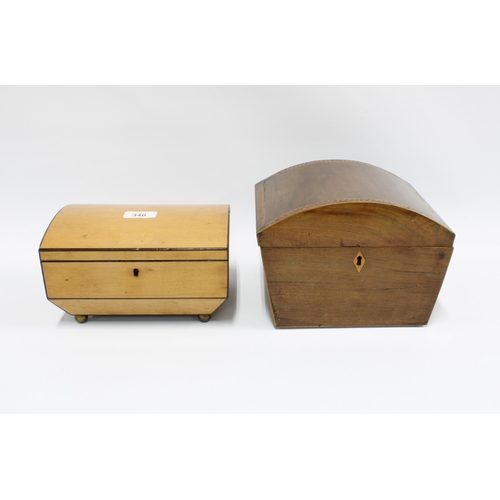 340 - Mahogany and chequer banded work box with a domed lid and void interior, 22 x 19cm, together with an... 