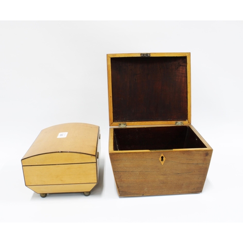 340 - Mahogany and chequer banded work box with a domed lid and void interior, 22 x 19cm, together with an... 