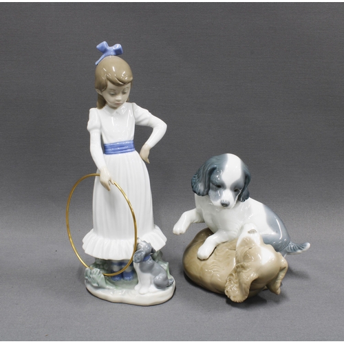 355 - Nao Spanish porcelain figure of a girl with hoop and a group of two dogs (2) 24cm