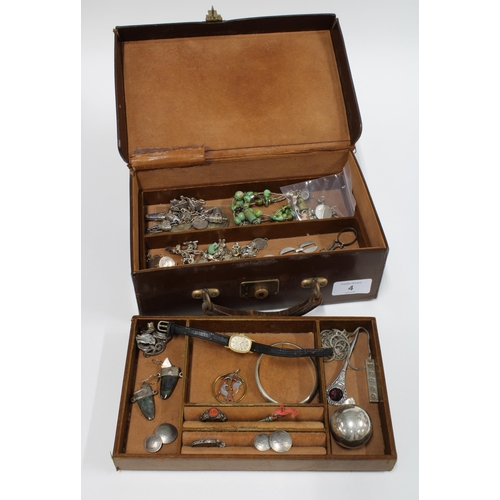 4 - Vintage brown leather jewellery box containing silver and white metal jewellery to include charm bra... 