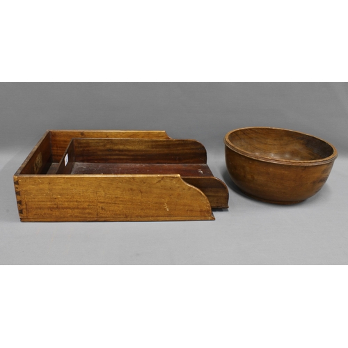 405 - Two early 20th century wooden stationery In / Out trays and a wooden bowl, (3)