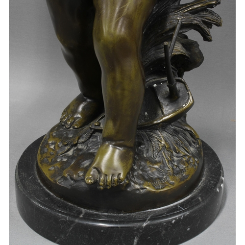 419 - After Auguste Moreau, a bronze figure of a girl with a duck, signed, on a circular hardstone base,  ... 