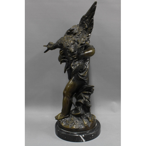 419 - After Auguste Moreau, a bronze figure of a girl with a duck, signed, on a circular hardstone base,  ... 