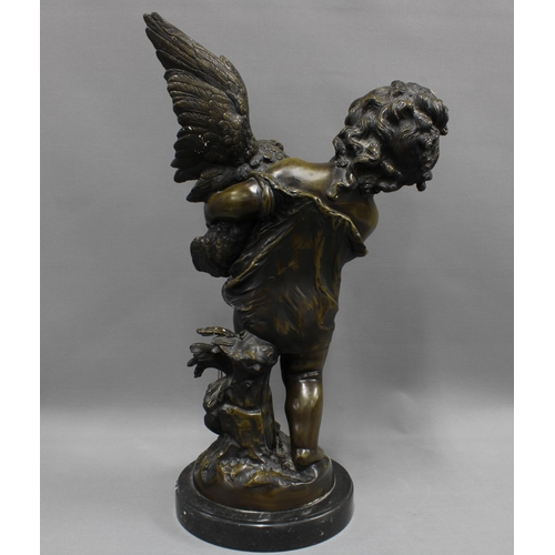 419 - After Auguste Moreau, a bronze figure of a girl with a duck, signed, on a circular hardstone base,  ... 