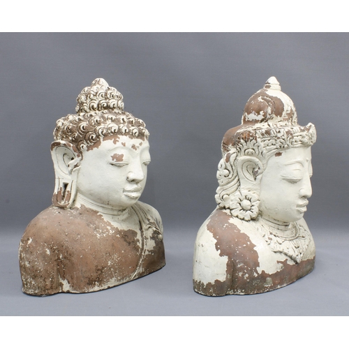 421 - A pair of male and female head and shoulder busts, painted terracotta, 44cm high (2)