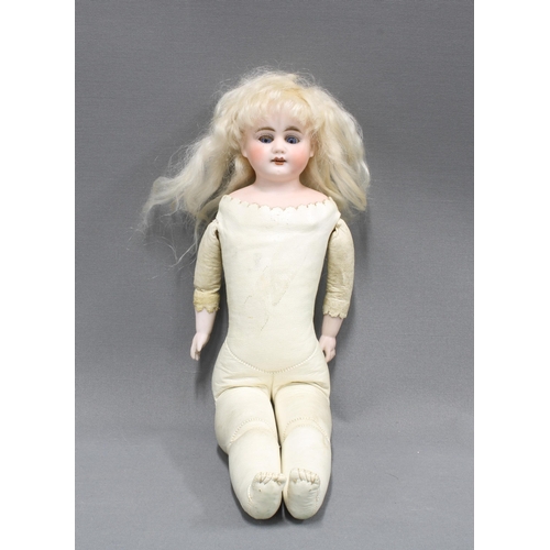 424 - Early 20th century bisque head doll with kid leather body and limbs 33.5cm