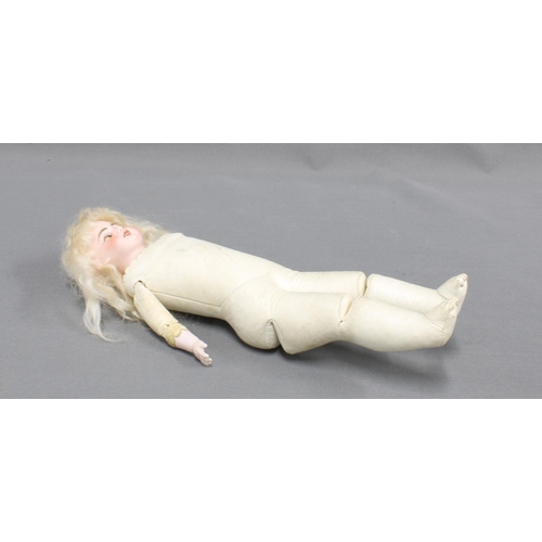 424 - Early 20th century bisque head doll with kid leather body and limbs 33.5cm