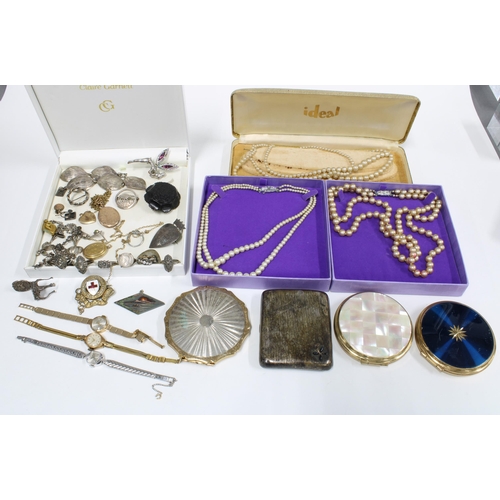 51 - Three vintage powder compacts, silver cigarette case and a collection of silver and costume jeweller... 