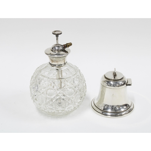 52 - George V silver bell shaped inkwell with ceramic liner, Birmingham 1912 and a cut glass and white me... 