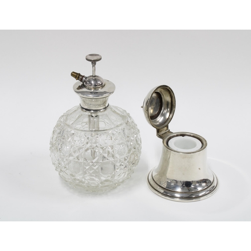 52 - George V silver bell shaped inkwell with ceramic liner, Birmingham 1912 and a cut glass and white me... 