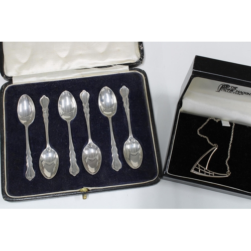 58 - Cased set of six silver teaspoons, London 1925, two mother of pearl fruit knives with silver blades,... 