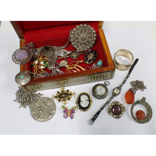 62 - Quantity of costume jewellery, continental silver cased fob watch, silver napkin ring and a cocktail... 