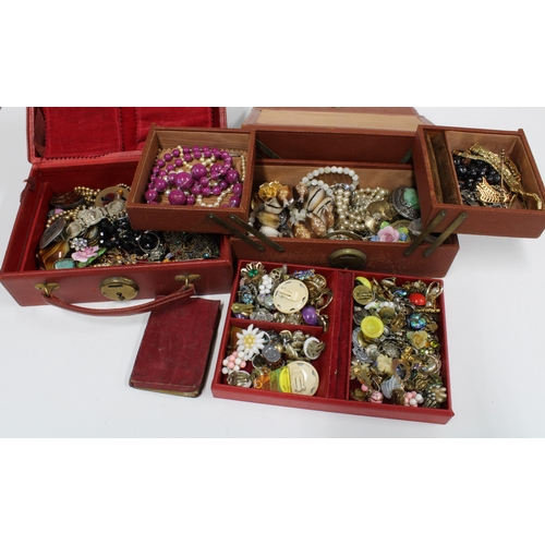 64 - Two leather  jewellery boxes containing a selection of vintage and later costume jewellery (a lot)