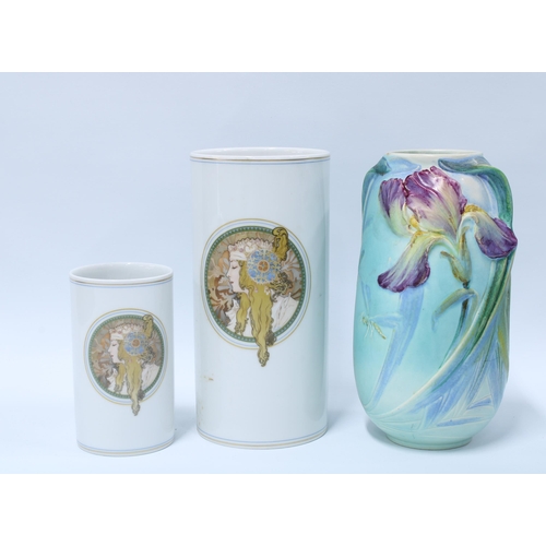 73 - Two Hutschenreuther Alfons Mucha porcelain vases and a Bretby Art Nouveau vase (Bretby vase a/f) (3)... 