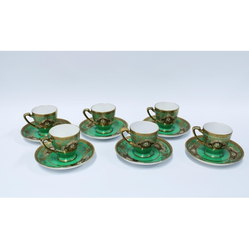 80 - Noritake set of six coffee cups and saucers, green ground with black, white enamelled pattern and gi... 