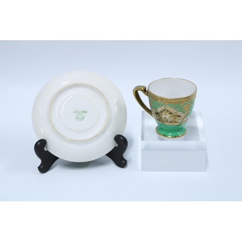 80 - Noritake set of six coffee cups and saucers, green ground with black, white enamelled pattern and gi... 