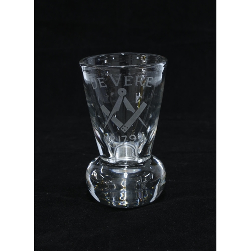 81 - Masonic firing glass, clear glass with etched square and compass motif and De Vere, 10cm