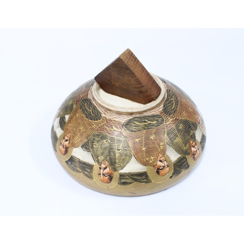 86 - Japanese bowl in Thousand Faces pattern, the base with an attached wooden block for display purposes... 