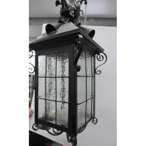 298 - Black lantern light  shade / fitting with dimpled glass panels, drop 57cm